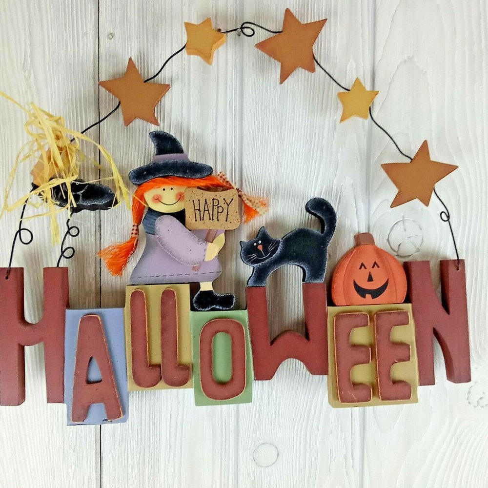 Wooden Halloween Door Decoration Country Chic Witch Cat Bat Rustic Farmhouse